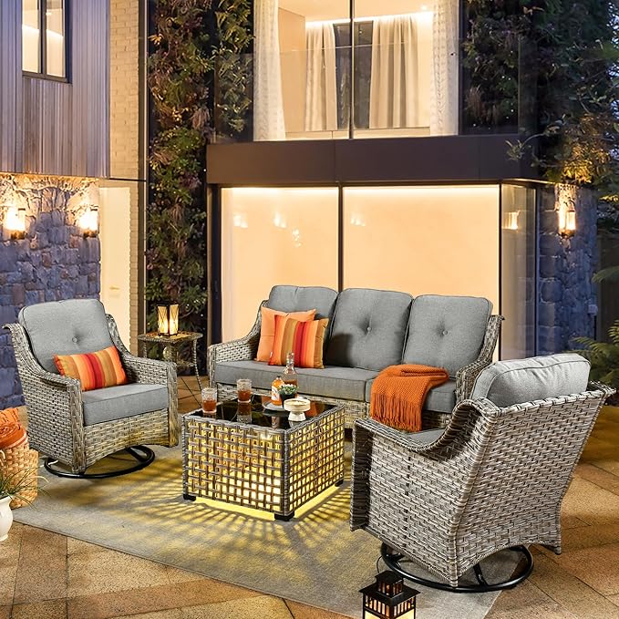 HOOOWOOO Patio Furniture Set,5 Pieces Wicker Outdoor Furniture,High Back Conversation Set with All Weather Resistant Solar Light Table Couch Swivel Chairs,Dark Gray