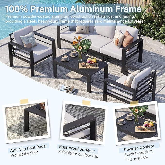 Aluminum Patio Furniture Set, 4 PCS Metal Oversized Outdoor Furniture Set Washable Thick Cushions, 5 Seat Patio Conversation Set with 3.54” Wide armrest and Coffee Table for Patio, Garden