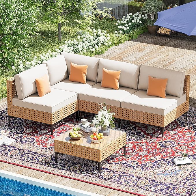 Outdoor Sectional 5 Piece Patio Furniture Set Free Combination Outdoor Couch with Thick Cushion All Weather Wicker Patio Conversation Sets for Backyard, Deck, Poolside