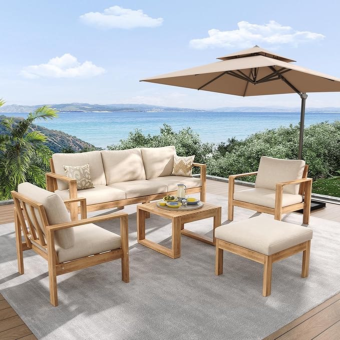 Christopher Knight Home Kayahs 5 Pieces Acacia Wood Furniture Set, Patio Conversation Sofa Chat Set with Coffee Table and Ottoman, Outdoor Sectional Sofa Set for Backyard Balcony, Teak Finish+Beige