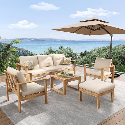 Christopher Knight Home Kayahs 5 Pieces Acacia Wood Furniture Set, Patio Conversation Sofa Chat Set with Coffee Table and Ottoman, Outdoor Sectional Sofa Set for Backyard Balcony, Teak Finish+Beige