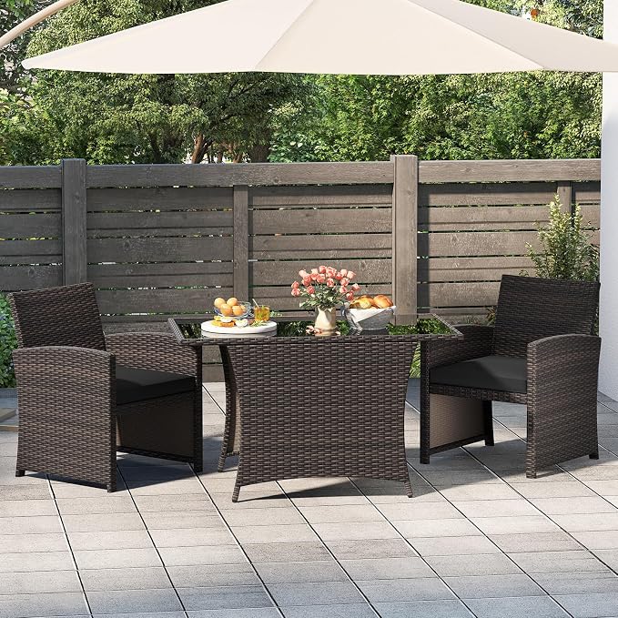 Tangkula 3 Piece Patio Wicker Dining Set, 2 Rattan Chairs with Rectangle Tempered Glass Dining Table, Outdoor Conversation Set with Cushions for Backyard, Porch, Poolside