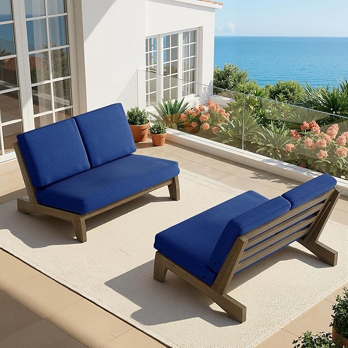 UIXE 2 Pieces All Weather Wood Patio Furniture Sets, Patio Loveseat Outdoor Sofa with Solid Wooden Coffee Table - Navy Blue