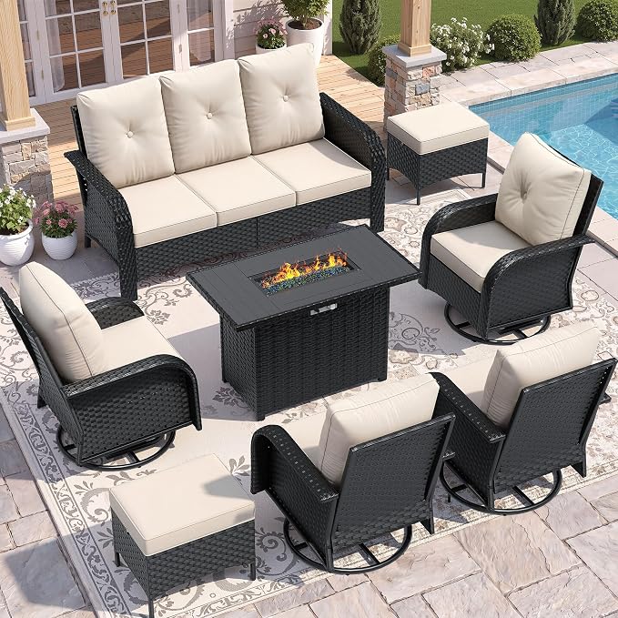 UDPATIO Patio Furniture Set with 44" Fire Pit Table, High Back 4 Swivel Rocker Chairs, Wicker Outdoor Conversation Sets with Thick Cushions & Ottoman, for Garden, Porch
