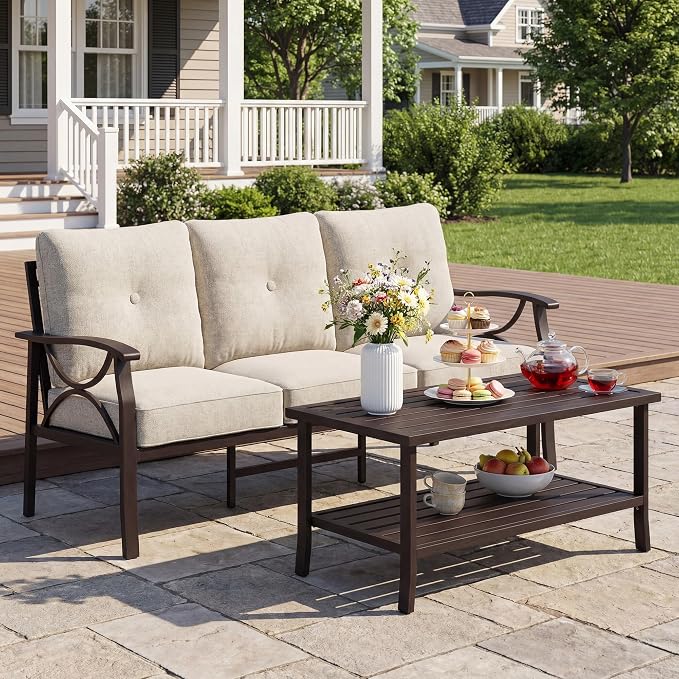 FansaFurn 3 Seats Outdoor Patio Furniture Set, Outdoor Metal Sectional Furniture with Cushions, Outdoor Conversation Set with Coffee Table for Deck, Balcony, Backyard, Garden, Khaki
