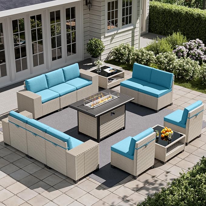 13-Piece Outdoor Patio Furniture Set with Fire Pit, Modular Sectional Sofa Set with Glass Coffee Table and Cushions, Wicker Outdoor Couch Conversation Sets, Turquoise