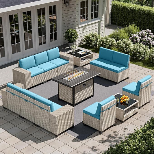 13-Piece Outdoor Patio Furniture Set with Fire Pit, Modular Sectional Sofa Set with Glass Coffee Table and Cushions, Wicker Outdoor Couch Conversation Sets, Turquoise