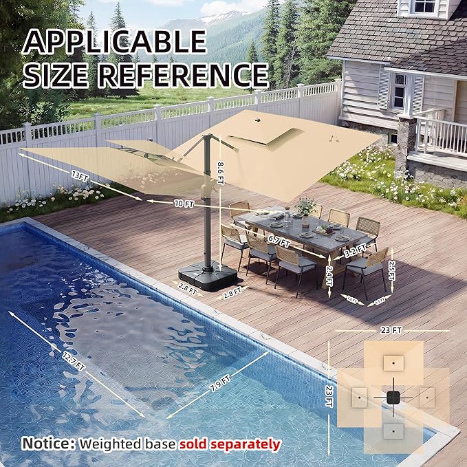 10 X 13 FT Cantilever Patio Umbrella with Led Lights Heavy Duty Windproof Double Top Large Rectangle Offset Umbrellas with 360-degree Rotation for Garden Pool Deck Backyard, Beige