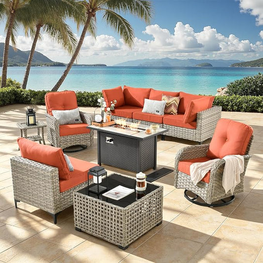 9-Piece Outdoor Patio Furniture Set with Fire Pit Table, Outdoor Conversation Wicker Sofa with Swivel Chairs, Rattan Couch with Coffee Table for Deck, Backyard, Poolside (Orange)