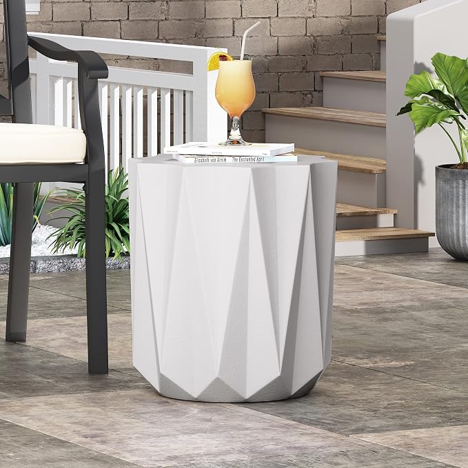 Merax Outdoor Lightweight Concrete Side Table 15" Dx18 H Aesthetic Geometric Design Accent Table Weather Resistant Patio End Table, No Assembly Required, Antique White