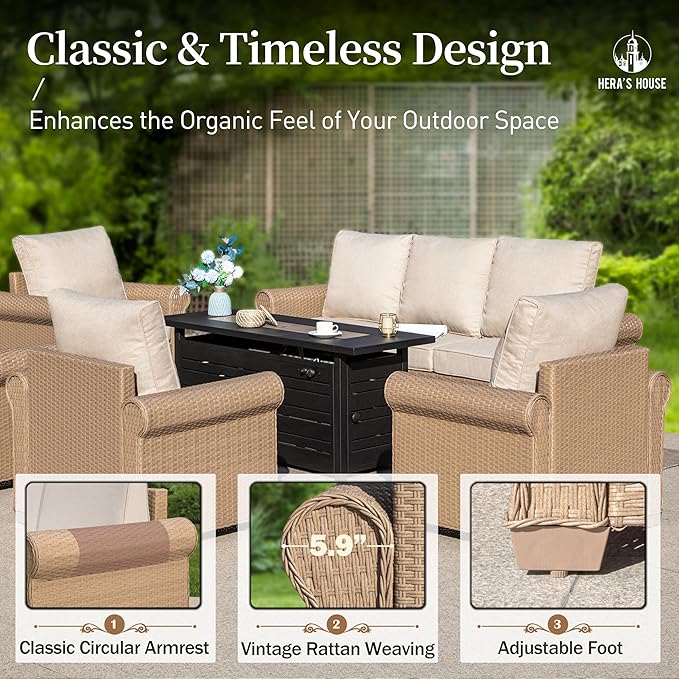 HERA'S HOUSE 8 Pieces Patio Furniture Set, All Weather 9 Seats Outdoor Wicker Sofa with Ottomans, Rattan Patio Conversation Set with 5.5" Cushions and 57" Fire Pit Table, Beige