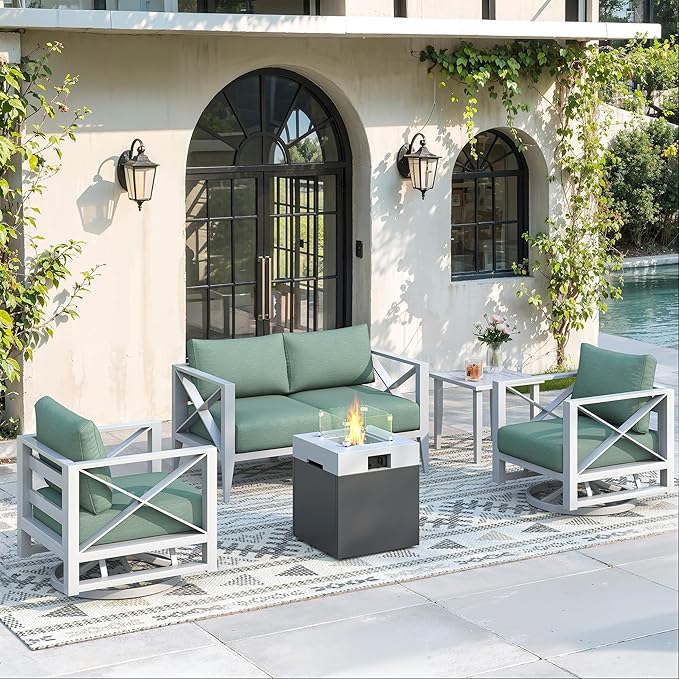 Aluminum 4-Seats Outdoor Patio Furniture Set with Fire Pit, Sectional Conversation Sofa with 5.2" Thick Cushions & Swivel Rocking Chairs, Rust-Resistant Frame Sofa for Porch, Backyard, White