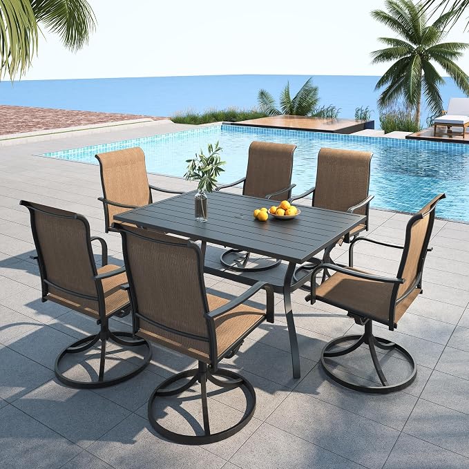Anmutig 7-Piece Outdoor Dining Set, 6 Swivel Patio Chairs & 60'' Rectangular Dining Table with All Weather Frame Furniture Set - Brown Style2