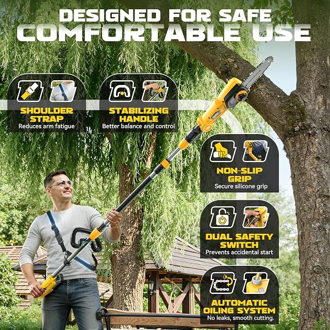 Ecarke Electric Pole Saw Compatible with Dewalt 20V, 16FT Max Total Reach, 8 Inch Detachable Tree Cutter, Electric Chainsaw Trimmer, 26ft/s Cutting Speed Pruner for Branch Pruning (Tool Only)