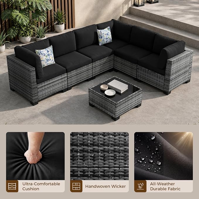 8-Piece Modular Patio Furniture Set with Storage Box Outdoor Sectional Sofa | Patio Conversation Set with Coffee Table, PE Rattan Wicker Couch with Waterproof Cushions for Backyard, Deck & Porch, Black