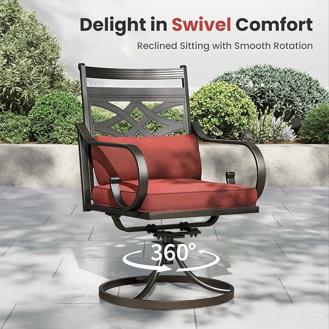 PHI VILLA Patio Dining Set, Swivel Chairs, Round Metal Table | Metal chairs, Red, Umbrella Hole, Cushions, E-coated