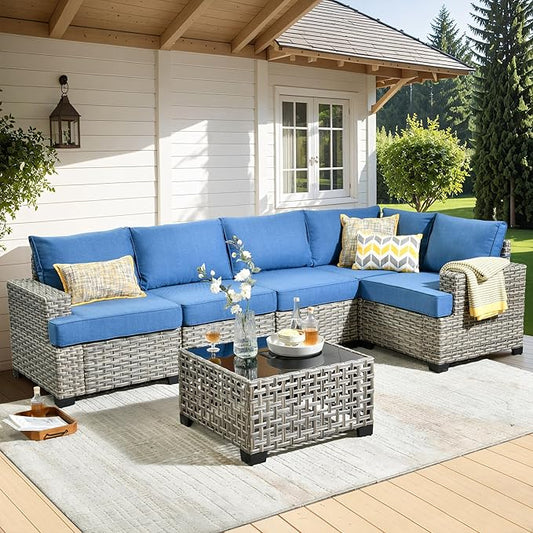 WEAXTY 6 Pieces Patio Furniture Set, Outdoor Sectional Sofa Couch with Solar Coffee Table, All-Weather Outside Furniture Patio Conversation Sets for Backyard Porch Balcony (Sapphire Blue)