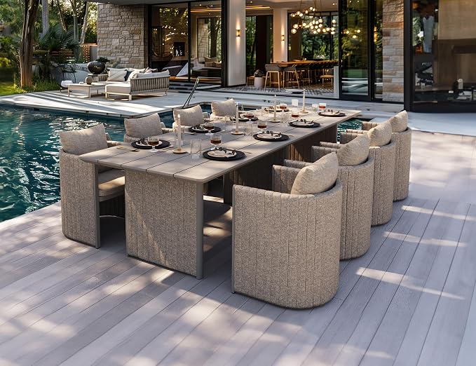 PURPLE LEAF 130-Inch Aluminum Patio Dining Set for Luxury Homeowners, 9-Piece Outdoor Furniture Rectangular Table and Chairs Set with Olefin Cushions and Pillows for Backyard Poolside Hosting Beige