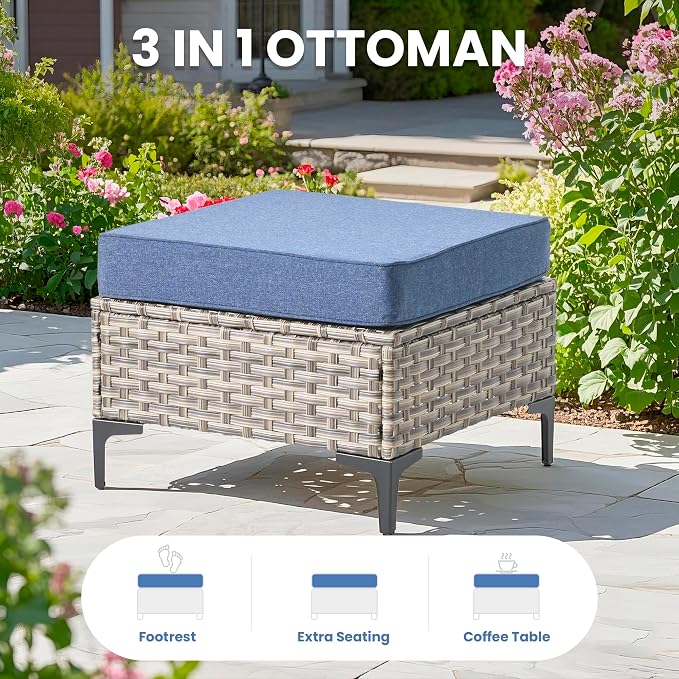 4 Pcs Patio Outdoor Furniture Set - All Weather Wicker Outdoor Sectional Sofa Couch with Ottoman,Patio Modular Rattan Conversation Set for Garden Deck Yard,Denim Blue