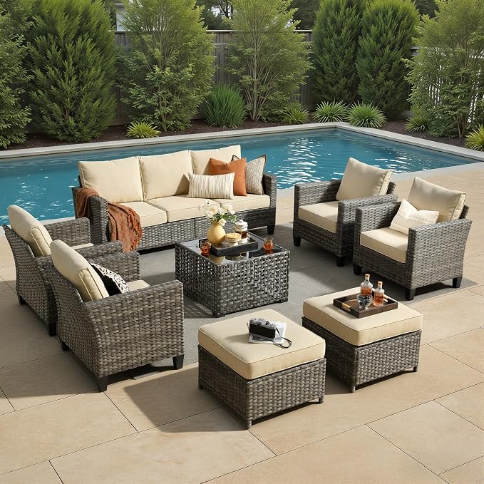 8 Piece Wicker Patio Furniture Set with Solar Table, Beige | Outdoor Deep Seating Sofa Chair Ottoman, Solar Lights Table, All Weather Rattan, Modern Conversation Set, Porch Deck Backyard