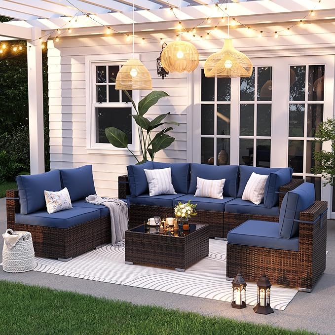 Patio Furniture Set, 7 Piece Outdoor Sectional with Waterproof Cover, All-Weather Wicker Patio Conversation Sets for Backyard (Brown with Navy Cushion)