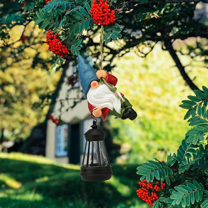 Solar Hanging Gnome Garden Statues Climbing Rope Gnome with LED Lantern | Summer Outdoor Decor Tree Hugger Yard Porch Wall Fence Decoration Mother's Day Birthday Gifts for Mom Women