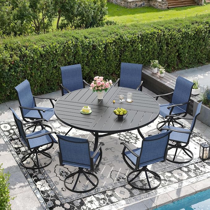 DIFY Patio Table and Chairs Set for 8, 9 Piece Outdoor Dining Set, 59.8" Black Round Metal Dining Table with Umbrella Hole and 8 Blue Textilene Swivel Patio Chairs, for Garden Backyard Deck