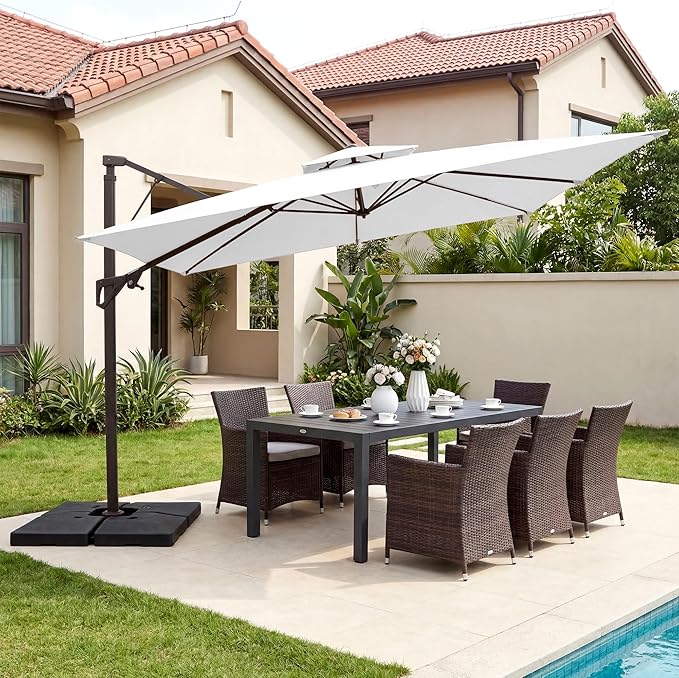 JEAREY 11ft 2-Tier Cantilever Patio Umbrella, Large Square Outdoor Offset Umbrella with Double Top Vent and 360-degree Rotation for Garden, Deck, Pool, Patio, Cream White