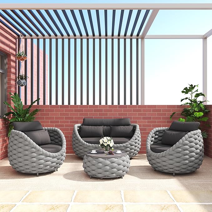 TWT 5 Pieces Patio Furniture Set Outdoor Rope Conversation Sectional Patio Sofa with 5 Seater for Backyard, Porch, Modern Armchairs with Thickness Cushions and Side Table