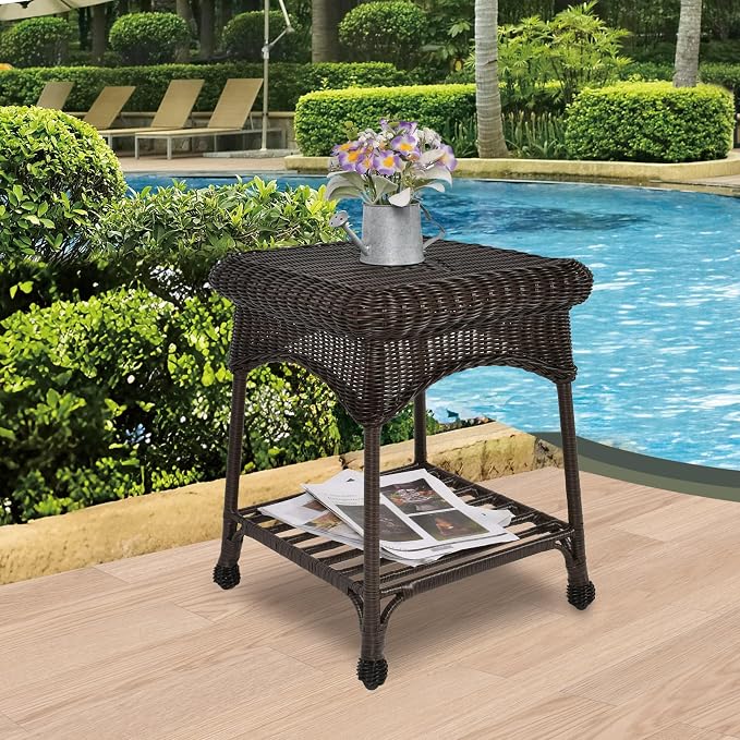 Outdoor Espresso Wicker End Table