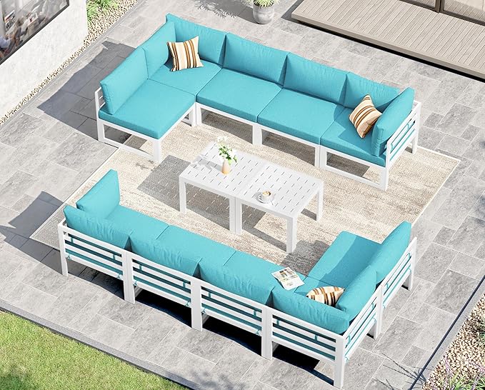 NICESOUL Extra Large Aluminum Patio Furniture Set with End Table, All-Weather 29" Wide Deep Seats Outdoor Sofa Conversation Set, Contemporary Sectional Couch for 10 Seats, for Garden, Turquoise