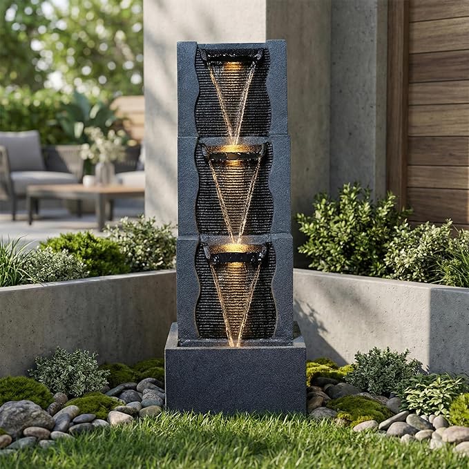 39-Inch Outdoor Water Fountain, 4-Tier Modern Cascading Resin Waterfall Fountain with 3 LED Lights, Indoor & Outdoor Water Feature for Garden, Patio, Backyard, Deck, Porch, Balcony in Black