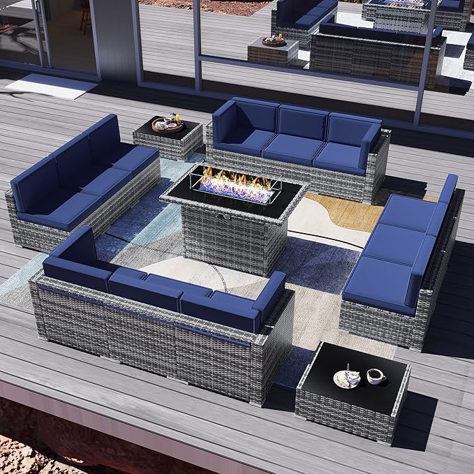 15 Pieces Patio Furniture Set with 44" Propane Gas Fire Pit Table, Outdoor Sectional Wicker Conversation Sofa Sets with Coffee Table