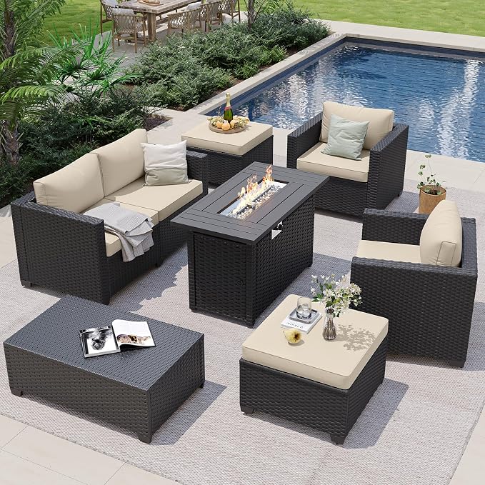 Aoxun Patio Furniture Set with Fire Pit Table, 6 Seats Piece Outdoor Furniture Set with Wicker Ottomans, Rattan Outdoor Sectional Sofa with Storage Table & Waterproof Cover Beige