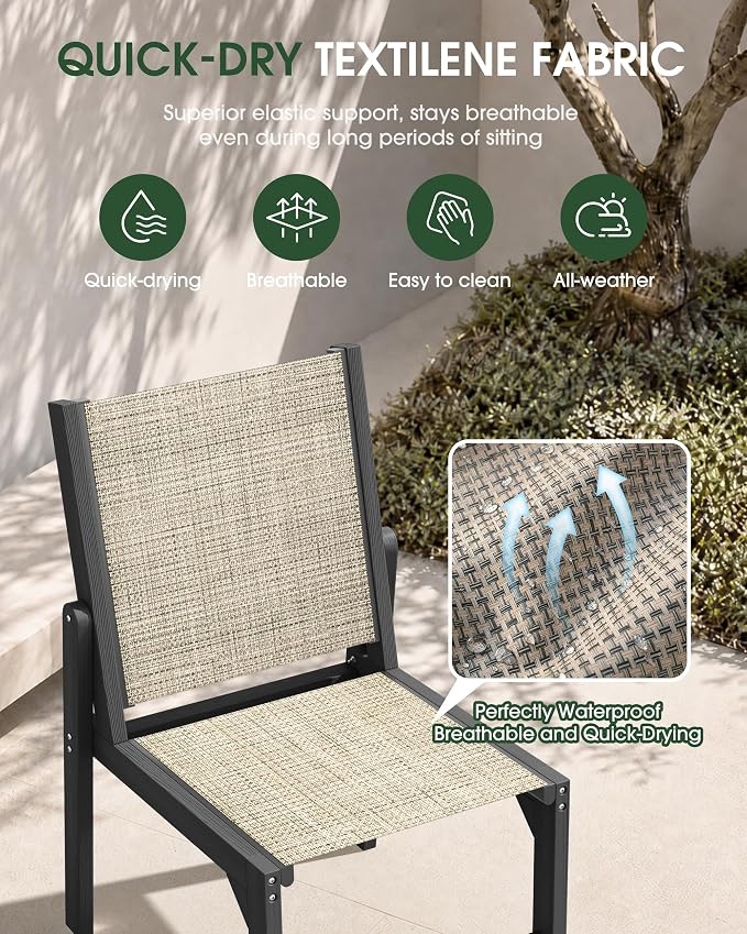 HDPE Outdoor Patio Dining Set with Table & 4 Stackable Armless Textilene Chairs, All-Weather 5-Piece Dining Table Set with Umbrella Hole, Patio Furniture for Garden, Poolside, Backyard, Deck | Grey