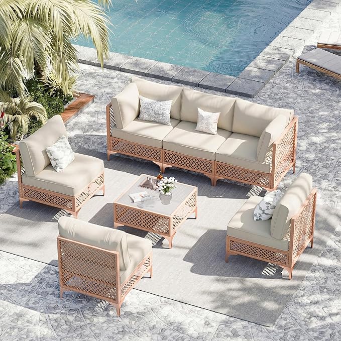 Vikiullf Patio Conversation Sets, 7 Piece Outdoor Furniture Set with Thick Cushions, Wicker Sectional Sofa Set with Coffee Table for Backyard, Poolside, Garden (Beige)