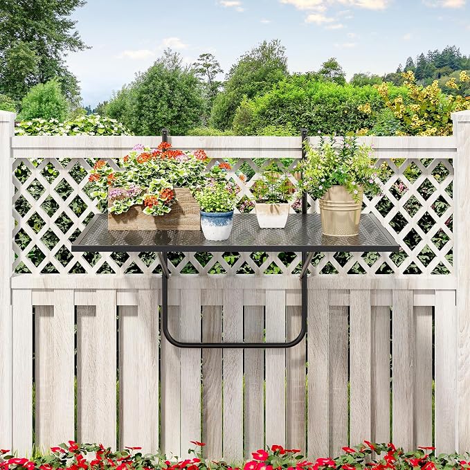 Tangkula Balcony Railing Table, Outdoor Folding Hanging Table with Metal Frame, Space-Saving Bar Serving Table Fits Railings Up to 2.4” Thick for Patio, Porch, Deck