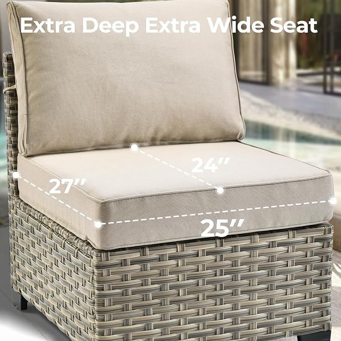 HOOOWOOO Sectional Patio Furniture Set with Fire Pit Table,7 Pieces Wicker Outdoor Furniture L Shaped Couch,Outside Conversation Set with Extra Deep Seat Sofa Wide Arm Solar Light Table,Beige
