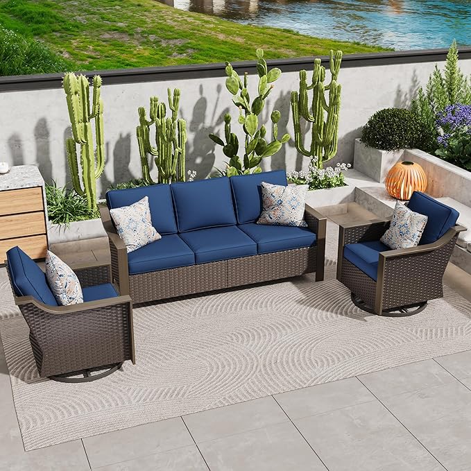 3 Pieces Outdoor Patio Conversation Furniture Set - 75" 3-Seat Sofa | 2 Swivel Glider Rocker Chairs | Wicker End Table, Rattan Couch, Metal armrests, Deck (Navy Blue)