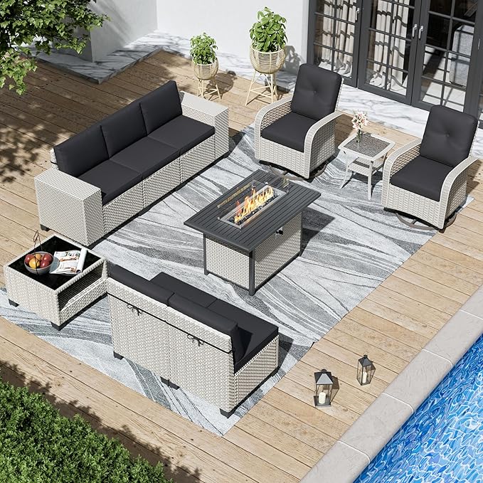 10-Piece Outdoor Patio Furniture Set, Modular Sectional Sofa Set with Swivel Rocker Chairs & Fire Pit, Wicker Outdoor Couch Conversation Sets w/Coffee Table and Cushions, Black