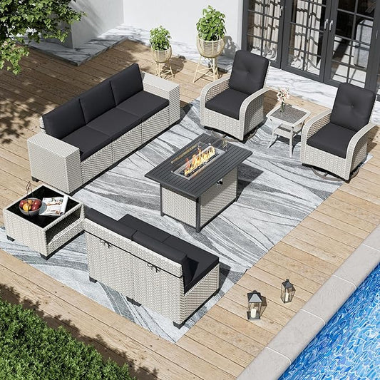 10-Piece Outdoor Patio Furniture Set, Modular Sectional Sofa Set with Swivel Rocker Chairs & Fire Pit, Wicker Outdoor Couch Conversation Sets w/Coffee Table and Cushions, Black