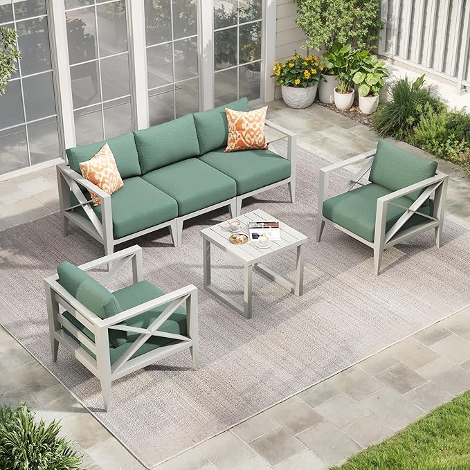 Aluminum Outdoor Furniture Set,5-Seats Patio Sectional Conversation Sofa with 5.2" All-Weather Cushions and Coffee Table,Patio Furniture Set for Deck, Porch, Garden (White)