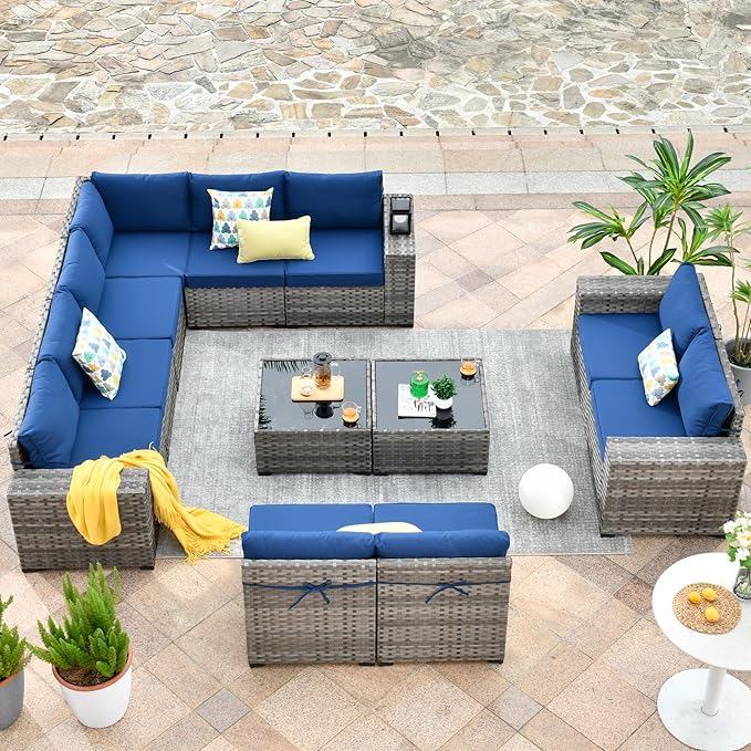 HOOOWOOO Outdoor Patio Sectional Furniture Sofa Set with Widened Armrest,12 Piece Large Modern Wicker Couch,Modular L Shaped Conversation Seating Set with Table for Out Door Garden Corner(Navy Blue)