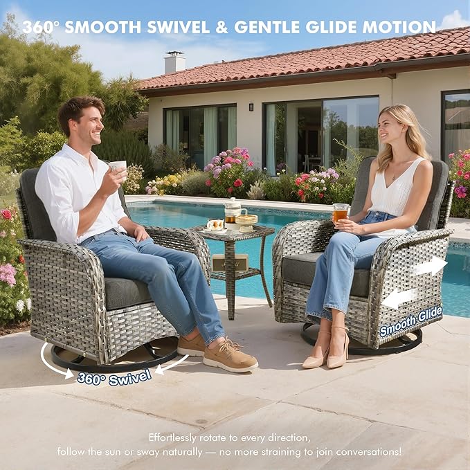 5 Pieces Wicker Patio Furniture Set, High Back Swivel Rocker Chairs Outdoor Loveseat Sofa and Rattan Coffee Table, Outdoor Conversation Sets for Porch Deck Backyard Poolside, Black