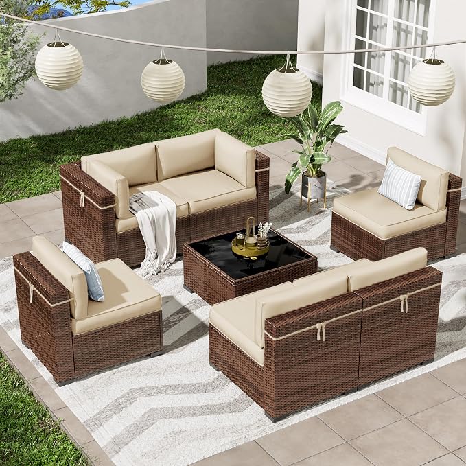 Patio Furniture Set, Modular 7-Piece Patio Conversation Sets with Coffee Table, All-Weather Wicker Outdoor Sectional for Backyard and Balcony, Beige (Waterproof Covers Included)