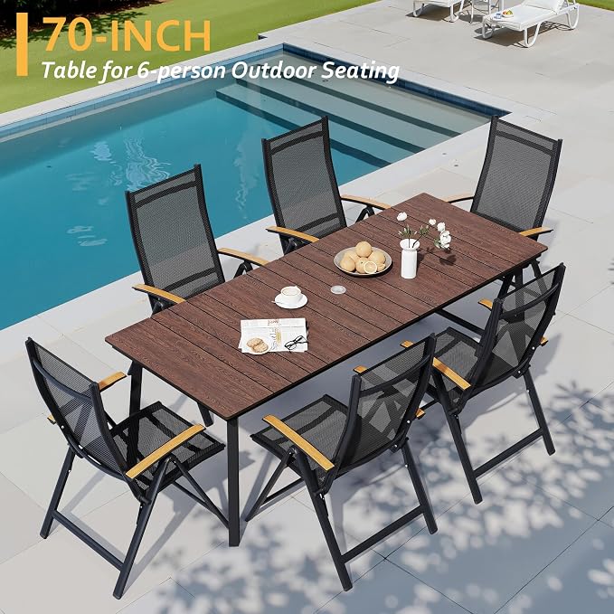 70 Inch Patio Outdoor Dining Table for 6 with Wood-Like Top & Umbrella Hole, All-Weather Deck & Backyard Table