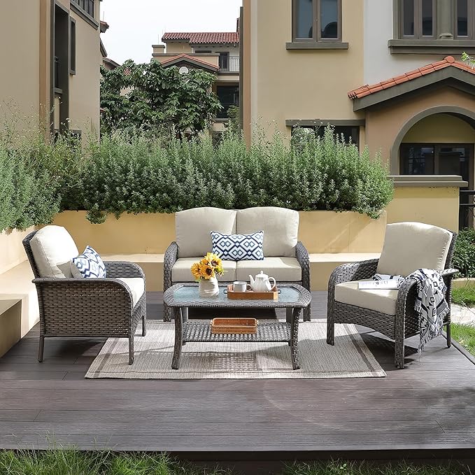 4-Piece Wicker Patio Furniture Set, All-Weather Rattan Conversation Bistro Loveseat Chair and Table Set for Backyard, Balcony and Deck with Soft Cushions and Metal Table(Tan)