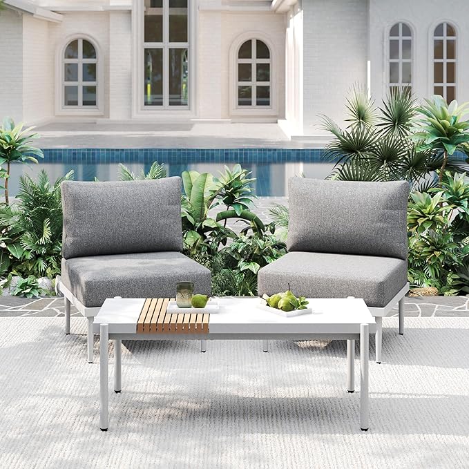 Metal Patio Furniture Set, 3 Pieces Outdoor Sectional Sofa Sets with Coffee Table, 6" Thick Cushion Modular Outdoor Conversation Set for Balcony, Patio & Courtyard (Gray/White)