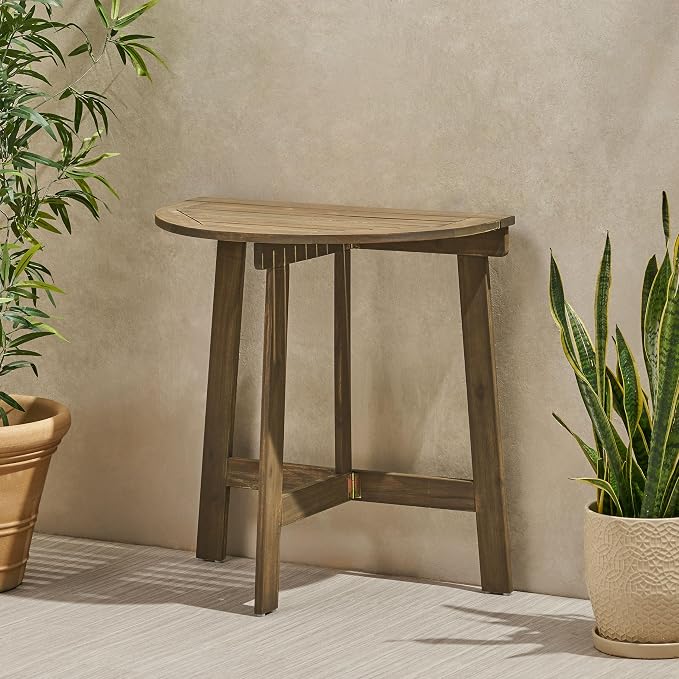 roomfitters Outdoor Half-Round Folding Acacia Wood Bistro Table, Small Space Patio Dining Accent Table, Grey Finish