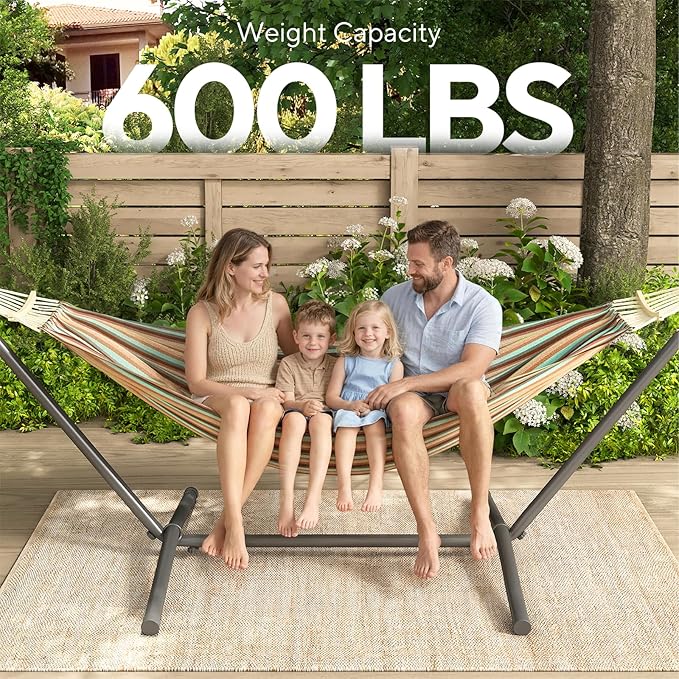 600lbs Hammock with Stand for Outside, 2 Person Portable Hammock with Side Storage, Carrying Bag, Expend Wooden Bar for Outdoor or Indoor (Dark Rainbow)